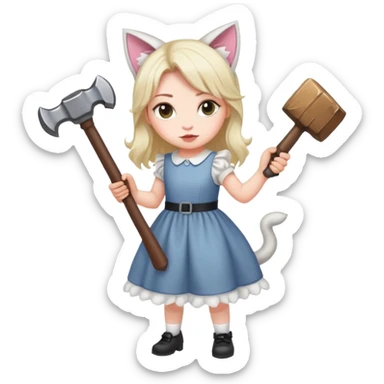 Girl with a tailing dress with a hammer and kitty ears sticker