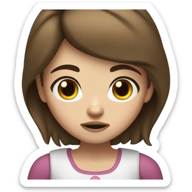 A girl with brown hair, white skin, rosy cheeks, and long eyelashes with an angry face sticker