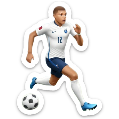 An icon showing Kylian Mbappé running with the ball on a football field during a match. The design captures his speed and focus, with dynamic motion lines and a vibrant background of the field and stadium lights. Transparent background emphasizes the action. sticker