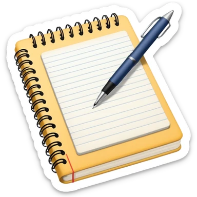 notebook with lined paper with cursive writing and a pen ontop sticker