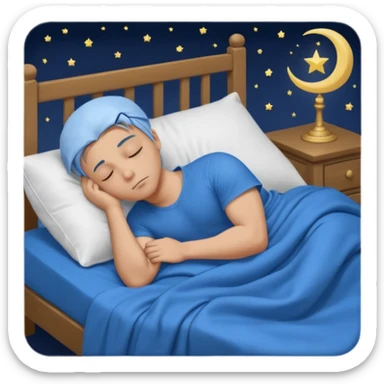A young muscular male with short dark-blonde hair and medium-light skin, wearing blue cloth. He sleeps on his side, holding a soft white pillow, his head on a smooth blue pillow. A sleeping symbol floats above him in the dark, nighttime scene. A flowing blue blanket with silky folds covers him. sticker