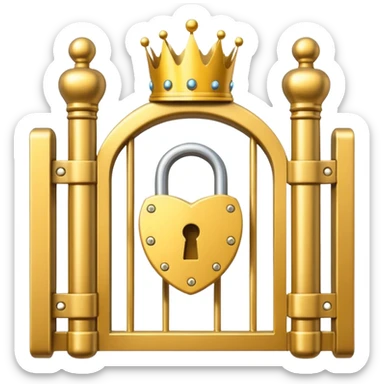 Golden padlock with a crown icon blocking a gate, flat UI illustration premium style. sticker