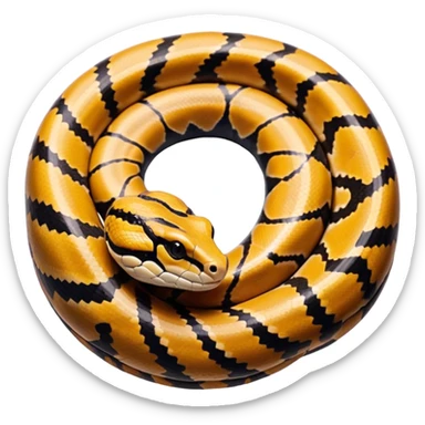 A photo-realistic top-down view of a Ball Python gently coiled into a tight spiral, with its head resting peacefully at the center. Its scales are warm brown with bold, irregular black markings, including the distinctive “alien-head” pattern, flowing smoothly along its body.  sticker