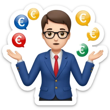 A confused teacher shrugging shoulders with euro symbols and documents floating around. sticker