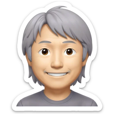 ​Cinematic Realistic Portrait of a Smiling Shigeru Miyamoto, depicted with warm, approachable features, gentle grey-tinted hair, and kind, expressive eyes, set against a subtle backdrop hinting at iconic video game imagery, rendered with lifelike textures and soft, inviting lighting that captures his innovative spirit, sticker
