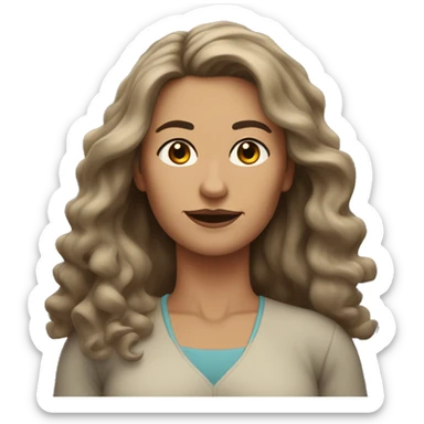 54-year-old woman with long, wavy, brown hair, black eyes, strong build with small black eyes sticker