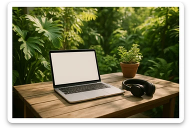 Garden workspace with laptop on table, headphones, plants in background, friendly mood sticker