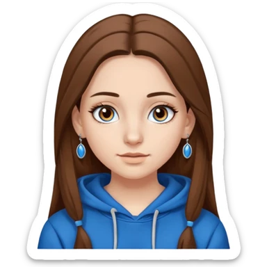 teen girl, white skin, long brown hair middle parted, brown eyes, blue hoodie eyelashes and earrings sticker