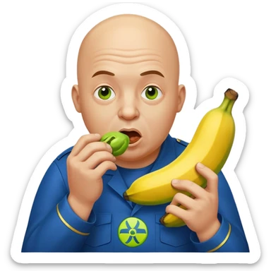 bald a bit fat man in a blue uniform eats a toxic green radioactive banana sticker
