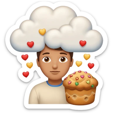 Apple-style emoji illustration of a person with dreamy eyes, and avobe them a thinking cloud with a traditionmal panettone inside, small hearts floating around, soft 3D emoji style, smooth gradients, rounded shapes, warm festive colors, simple expression. sticker