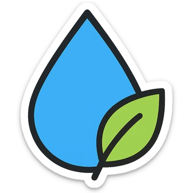 blue water droplet with a green leaf attached, outlined in black with color fills, clean icon style sticker