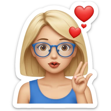 Blonde women with brown eyes, blue glasses, brown top, blowing a kiss with hearts around her. sticker