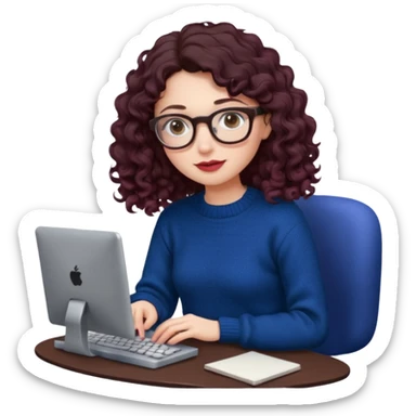 a white young woman with very long wavy dark brown/chocolate hair with curls at the end of her long hair typing in a computer. she's using round glasses, her lips are light red and her cheeks slightly pink. Her eyes are dark brown. She's using a dark blue knit sweater  sticker