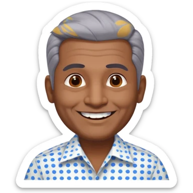 50 yr old indian man, dark skin, grey hair, big smile, white teeth, chubby, no moustache, clean shaven, young style hair, hair brushed back, 5 oclock shadow, bindy dot on forehead, dress shirt sticker