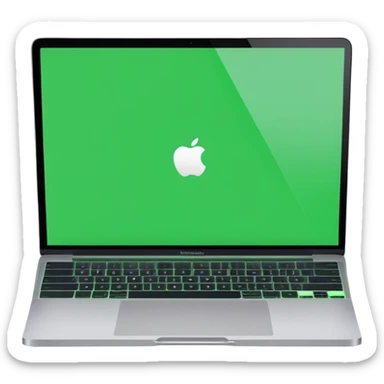 A macbook laptop front facing with its screen showing green screen. sticker
