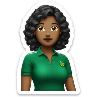 mujer de tez clara y cabello negro utilizando un polo color verde oscuro sticker