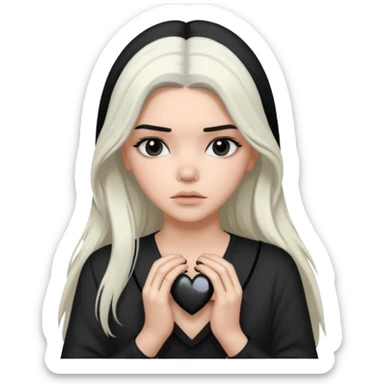 A Kendall Jenner with long white hair is sad and holds a black heart in her hands sticker