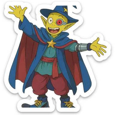 yellow guy showing off his fabulous outfit, outfit combines prince, alien, terminator, skater, skiier, and wizard elements, making a weird face, stylish and fabulous, ghibli style sticker