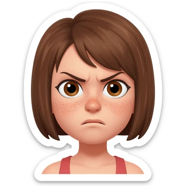 a girl with short hair, with freckles on her face. She has brown eyes. She's angry. sticker