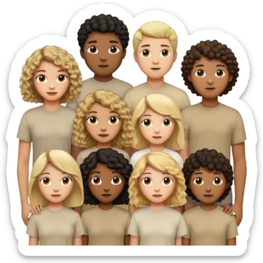 group of people  together ; men and women with one with brown straight hair one with blonde hair and one with black curly hair- short hair, long hair and curly hair wearing beige shirts aesthetic no collar, brown people, white people, black people sticker