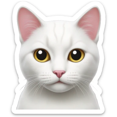 White cat with a pink now judgy sticker