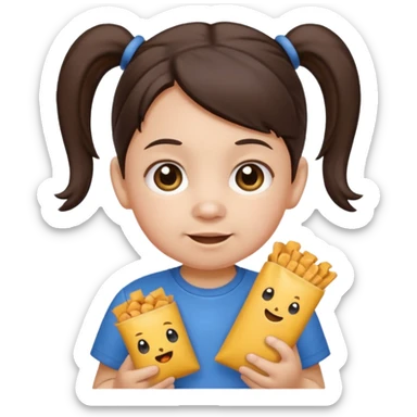 Toddler emoji with two pigtails dark brown hair, fair skin, holding snacks sticker