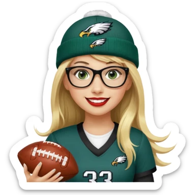full length women wearing eagles uniform, long blonde hair, bangs, green eyes, black rectangle glasses, holding football, number 33, smiling, lipstick, eagles beanie sticker