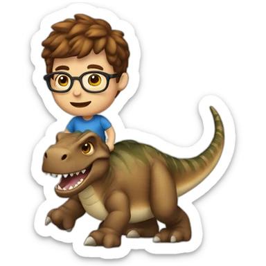 brown hair white male with round glasses riding a dinosaur sticker