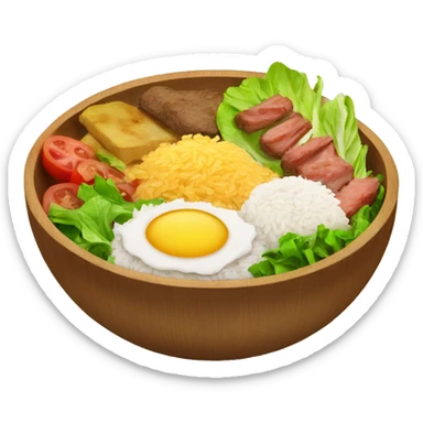 a wood bowl with rice in the middle, kebab, and salad sticker