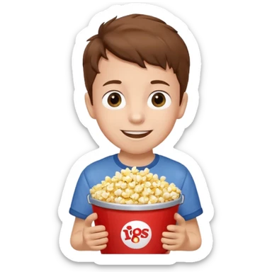 a young boy holding a bucket of popcorn sticker