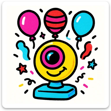 webcam with red, white, and blue balloons, confetti, happy expression, 4th of July theme, colorful and festive style sticker