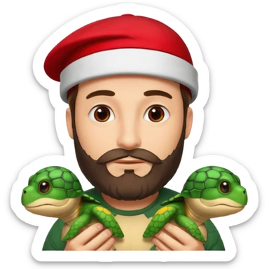 man with beard, red cap and turtles sticker