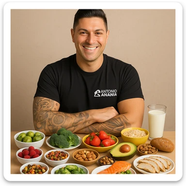 Create a realistic scene featuring a man with facial features and expression similar to the person in the reference photo. He is smiling and looking satisfied, standing in front of a table or counter displaying 10-15 different colorful and varied foods that he prefers and enjoys. The overall tone should be educational and positive, highlighting the man's happiness with his food choices. sticker