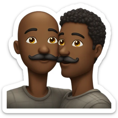 African man kissing a guy with moustache sticker