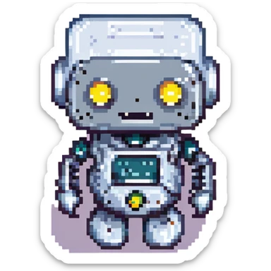 sarcastic robot, pixel art, raised eyebrow, metallic, small grin sticker