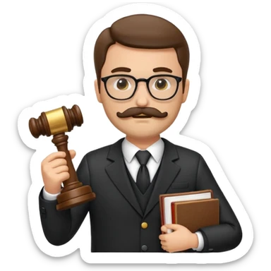 “Create a clean, modern emoji-style illustration of a male lawyer. He is wearing a formal suit jacket. He is holding a judge’s gavel (QUE SE VE DE COSTADO) in one hand and has a law book tucked under his arm. He has a mustache and beard!!, and GLASSES sticker