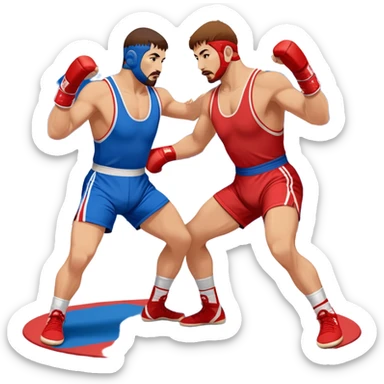 Two Sambo fighters in blue and red gis with shorts and wrestling shoes, executing gripping and throwing techniques. The fighters are engaged in a dynamic, action-packed moment with no strikes. The background features a wrestling mat, focusing on the technique and control. Transparent background  sticker