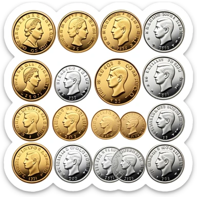 Icon for Coin Collecting: a collection of different vintage and modern coins of various forms, neatly arranged in a display case or on a table. The icon should highlight the diversity and historical value of coin collecting. Transparent background. sticker