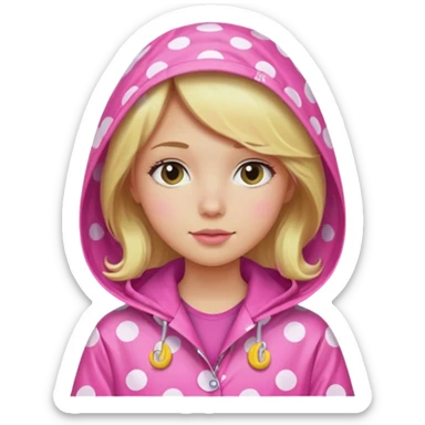Blonde girl in a pink polka dot raincoat with hoodie sticker
