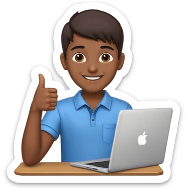 indian college boy holding laptop thumbs up sticker