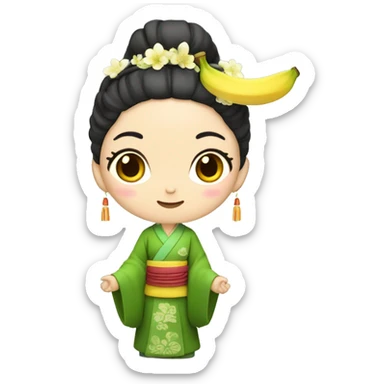 Beautiful woman, yellow skin, Hanfu headdress, wearing green clothes, holding a banana fan sticker