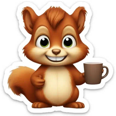 Cute red squirrel with bushy ears holding mug sticker