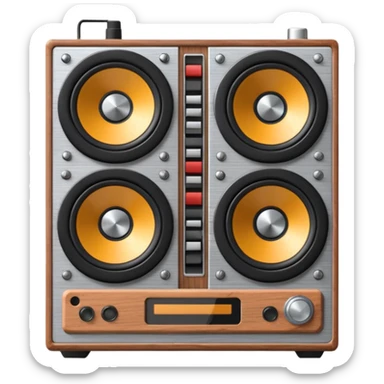 3D render of Speaker Stack, vintage 1980s audio equipment aesthetic, tactile analog buttons, silver metallic face with two large brown magnetic tape wheels, mixed wood grain and brushed aluminum textures, Apple emoji style, isolated on white background --v 6.0 sticker