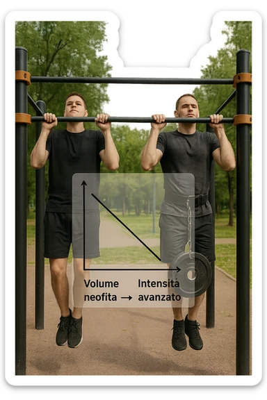 Due atleti fianco a fianco in un parco attrezzato: a sinistra il neofita che fa 10 trazioni leggere con concentrazione, a destra l’atleta avanzato con cintura zavorrata che fa 3 ripetizioni lente e pesanti. Tra loro, grafico sospeso in aria che mostra: 'Volume → neofita | Intensità → avanzato'. Stile realistico con elementi educativi visivi in italiano sticker