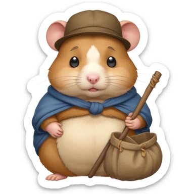 Fat cartoon-style hamster hobo carrying a bindle over its shoulder with a sad expression. sticker