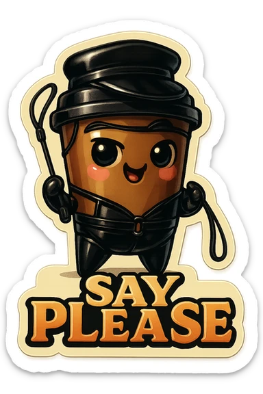 Tall coffee cup, dressed in leather holding a whipping crop, mischevious, "big "Say Please" sticker