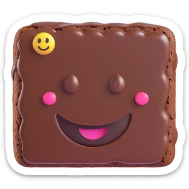 3D chocolate brownie with a smiley face, realistic depth, shiny chocolate glaze, emoji style sticker