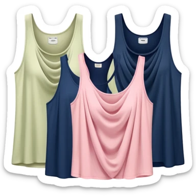 Multiple tank tops, one cream one cream one sage green one navy blue one pink sticker