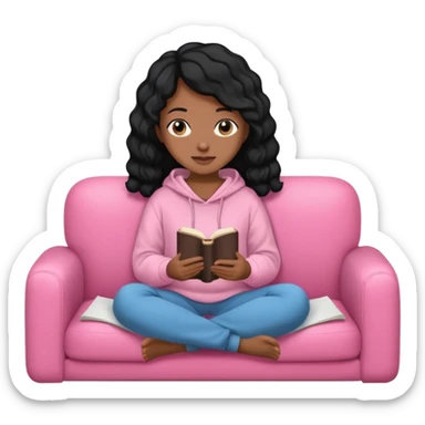 Una chica linda de cabello negro con ondas hasta los hombros de piel blanca con una sudadera rosa en un sofá cómodo y hermoso leyendo la biblia sticker