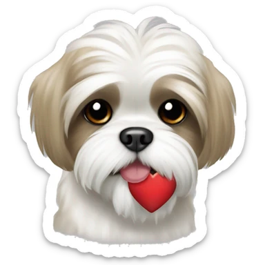 White shih tzu with tan spots holding a heart in their mouth sticker